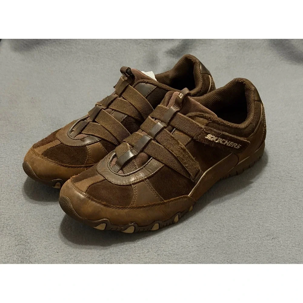 Skechers Womens sz 10 Bikers Brown Leather Suede Slip On Sneakers Comfort